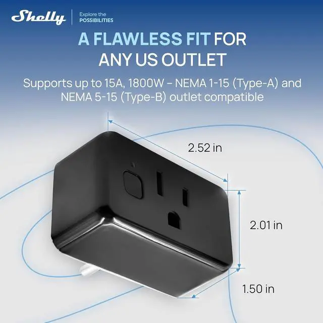 Alt view image 2 of 7 - Shelly Smart Plug UL, WiFi, Bluetooth, Zigbee, Matter Outlet with Power Metering, Works with HomeKit, Google Home, Alexa, Home Assistant, Smart Socket, Easy Setup, Remote Control, Plug US Gen4 Black