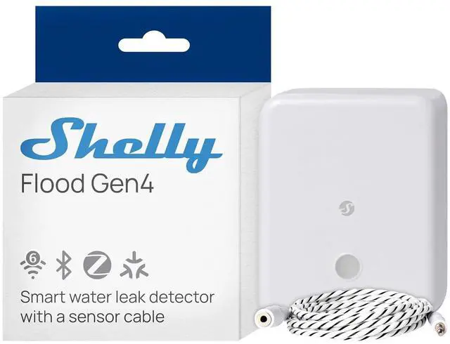 Main image of Shelly Flood Gen4, WiFi, Bluetooth, Zigbee, Matter Smart Flood Sensor with Leak Sensor Cable, Alexa, SmartThings, Google Home, Apple HomeKit Compatible, Flood and Rain Detection, Easy to Use, IP44