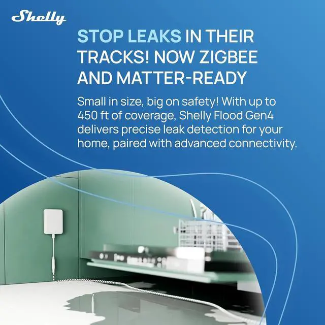 Alt view image 4 of 7 - Shelly Flood Gen4, WiFi, Bluetooth, Zigbee, Matter Smart Flood Sensor with Leak Sensor Cable, Alexa, SmartThings, Google Home, Apple HomeKit Compatible, Flood and Rain Detection, Easy to Use, IP44