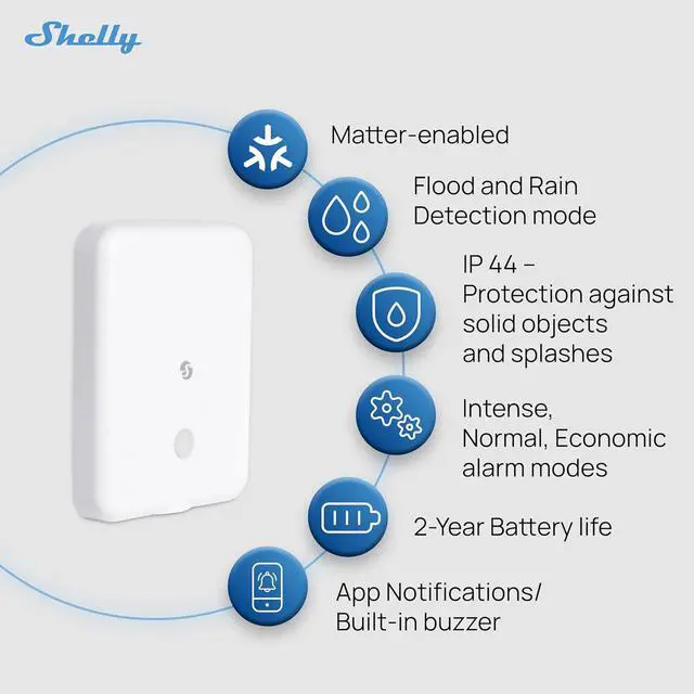 Alt view image 6 of 7 - Shelly Flood Gen4, WiFi, Bluetooth, Zigbee, Matter Smart Flood Sensor with Leak Sensor Cable, Alexa, SmartThings, Google Home, Apple HomeKit Compatible, Flood and Rain Detection, Easy to Use, IP44