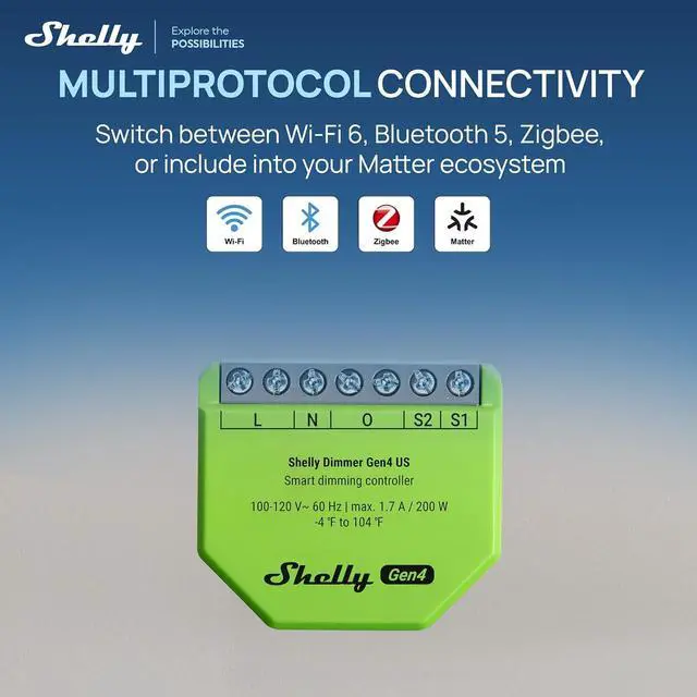 Alt view image 2 of 7 - Shelly Dimmer Gen4 US UL, WiFi, Matter, Bluetooth, Zigbee Smart Dimming, Compatible with Matter, Home Assistant, Alexa, Google Home, HomeKit, Support LED Strips & Lamps, No Hub Required, Easy Control