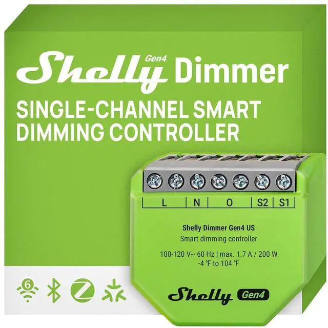 Main image of Shelly Dimmer Gen4 US UL, WiFi, Matter, Bluetooth, Zigbee Smart Dimming, Compatible with Matter, Home Assistant, Alexa, Google Home, HomeKit, Support LED Strips & Lamps, No Hub Required, Easy Control