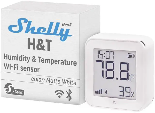 Main image of Shelly H&T Gen3 White Smart Wi-Fi & Bluetooth Temperature & Humidity Sensor | Smart Wi-Fi & Bluetooth, with Remote App Control, Smart Scenes, LCD Display, Notification Alerts, Free Data Storage Export