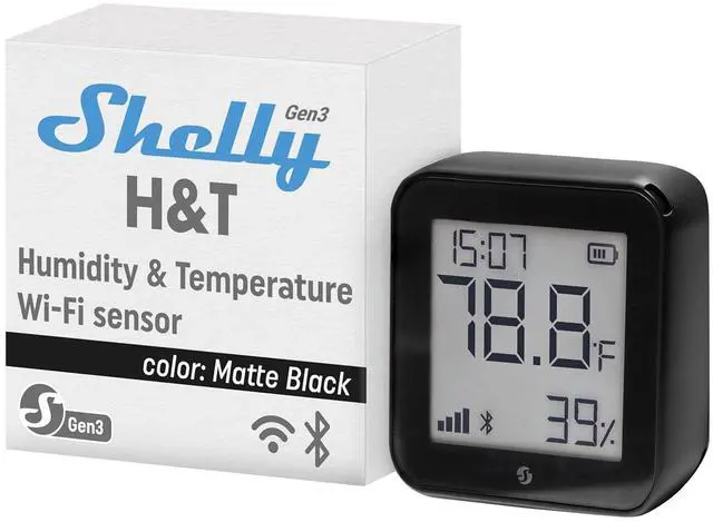 Main image of Shelly H&T Gen3 Black Smart Wi-Fi & Bluetooth Temperature & Humidity Sensor | Wi-Fi and Bluetooth, Remote App Control & Monitoring, Smart Scenes, Notification Alerts, LCD Display, Data Storage Export