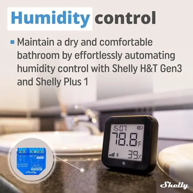 Alt view image 3 of 7 - Shelly H&T Gen3 Black Smart Wi-Fi & Bluetooth Temperature & Humidity Sensor | Wi-Fi and Bluetooth, Remote App Control & Monitoring, Smart Scenes, Notification Alerts, LCD Display, Data Storage Export