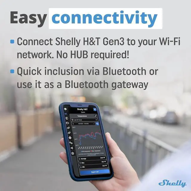 Alt view image 4 of 7 - Shelly H&T Gen3 Black Smart Wi-Fi & Bluetooth Temperature & Humidity Sensor | Wi-Fi and Bluetooth, Remote App Control & Monitoring, Smart Scenes, Notification Alerts, LCD Display, Data Storage Export
