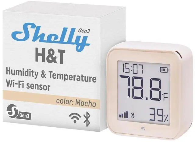 Main image of Shelly H&T Gen3 Mocha Smart Wi-Fi & Bluetooth Temperature & Humidity Sensor | Wi-Fi and Bluetooth Smart, Remote App Control and Monitoring, Notification Alerts, LCD Display, Free Data Storage Export