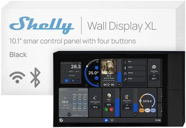Main image of Shelly Wall Display XL Black - 10.1 Inch Touchscreen WiFi Smart Home Control Panel, Built-in 5A Relay, Works with Alexa, Google, HomeKit, Home Assistant, 4 Buttons, Lux Sensor, Neutral Wire Required