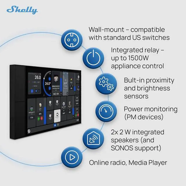 Alt view image 6 of 7 - Shelly Wall Display XL Black - 10.1 Inch Touchscreen WiFi Smart Home Control Panel, Built-in 5A Relay, Works with Alexa, Google, HomeKit, Home Assistant, 4 Buttons, Lux Sensor, Neutral Wire Required