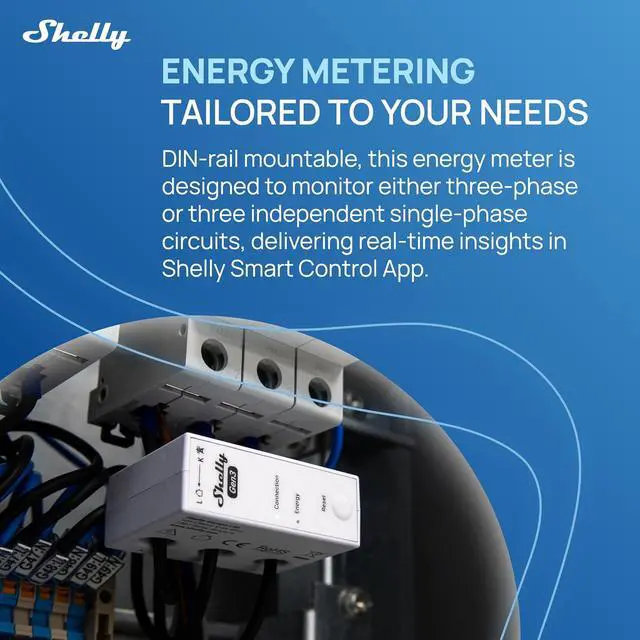 Alt view image 2 of 7 - Shelly 3EM-63W Gen3 | Wi-Fi Operated Smart 3-Phase Energy Meter | Home Automation | Compatible with Alexa & Google Home | iOS Android App | No Hub Required | Data Logging | Solar Photovoltaic Ready