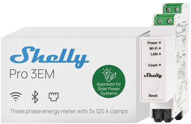 Main image of Shelly Pro 3EM (120A) v2 | Wi-Fi, Matter & LAN, 3-Phase Smart Energy Meter | Home Automation | Compatible with Alexa, HomeKit, Google Home SmartThings | Real-time Monitoring | No Hub | Solar Panels