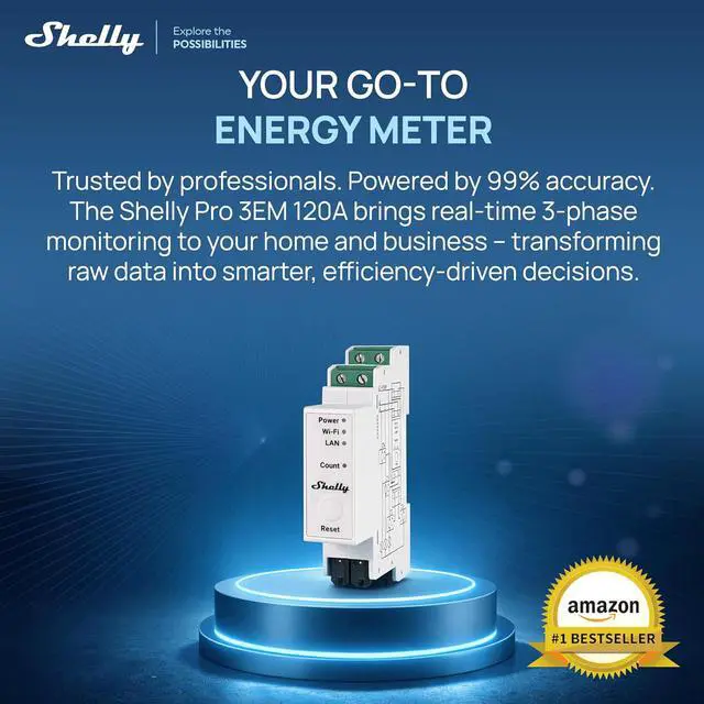 Alt view image 2 of 7 - Shelly Pro 3EM (120A) v2 | Wi-Fi, Matter & LAN, 3-Phase Smart Energy Meter | Home Automation | Compatible with Alexa, HomeKit, Google Home SmartThings | Real-time Monitoring | No Hub | Solar Panels