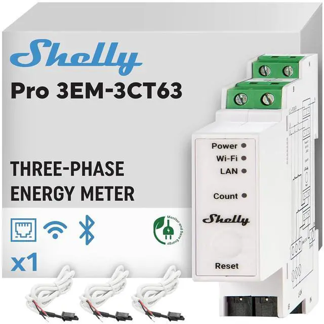 Main image of Shelly Pro 3EM 3CT 63 | Wi-Fi & LAN 3-Phase Professional Smart Energy Meter | DIN Rail | Home Automation | Compatible with Alexa & Google Home | iOS Android App | No Hub | Photovoltaic Ready