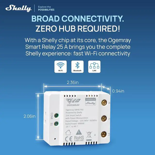 Alt view image 2 of 7 - Ogemray Smart Relay Switch, 25A, Power Metering, Wi-Fi & Bluetooth, 6000W | Control up to 6000W, Wi-Fi and Bluetooth, High-Load apliances, Overpower and overvoltage Protection, No Hub Required