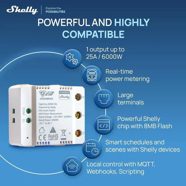 Alt view image 3 of 7 - Ogemray Smart Relay Switch, 25A, Power Metering, Wi-Fi & Bluetooth, 6000W | Control up to 6000W, Wi-Fi and Bluetooth, High-Load apliances, Overpower and overvoltage Protection, No Hub Required