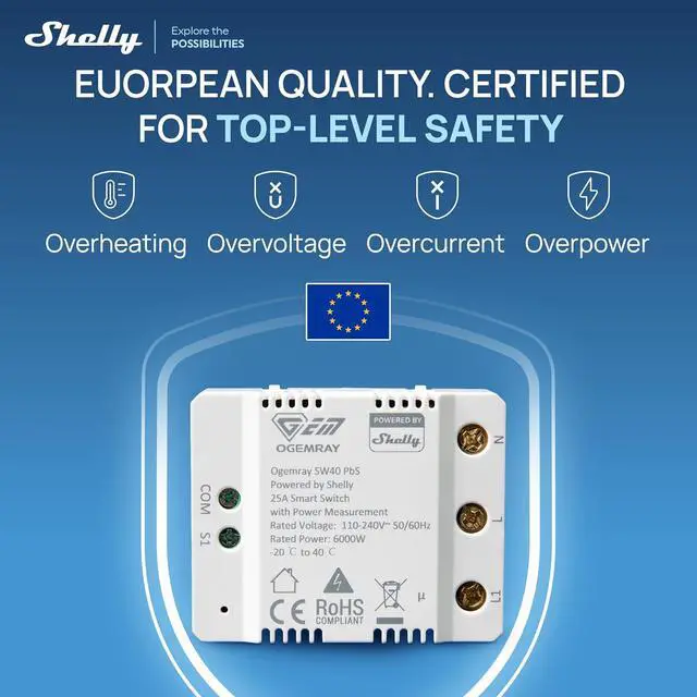 Alt view image 7 of 7 - Ogemray Smart Relay Switch, 25A, Power Metering, Wi-Fi & Bluetooth, 6000W | Control up to 6000W, Wi-Fi and Bluetooth, High-Load apliances, Overpower and overvoltage Protection, No Hub Required