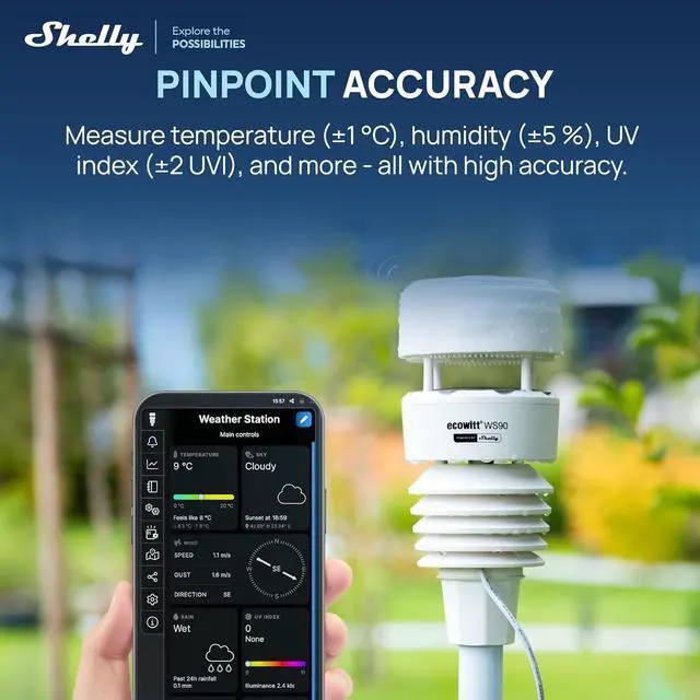 Alt view image 3 of 7 - Ecowitt WS90 7-in-1 Weather Station with Bluetooth & Zigbee connectivity, Ultrasonic Wind Monitoring, Haptic rain Detection, Temperature & Humidity Tracking, UV & Illuminance, IPX5, Powered By Shelly