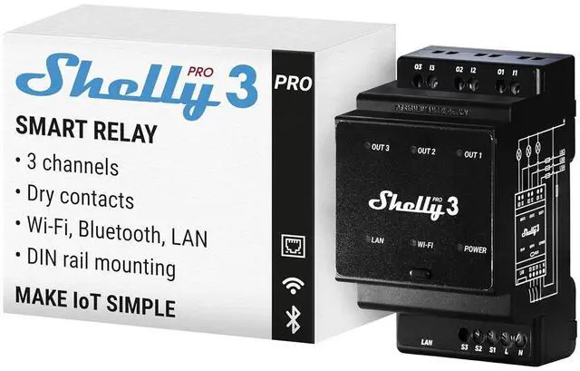 Main image of Shelly Pro 3 | Wi-Fi & LAN, 3-Channel Smart Relay | Home & Facility Automation | Compatible with Alexa & Google Home | iOS Android App | Lights Automation | Controller for Motorized Valve