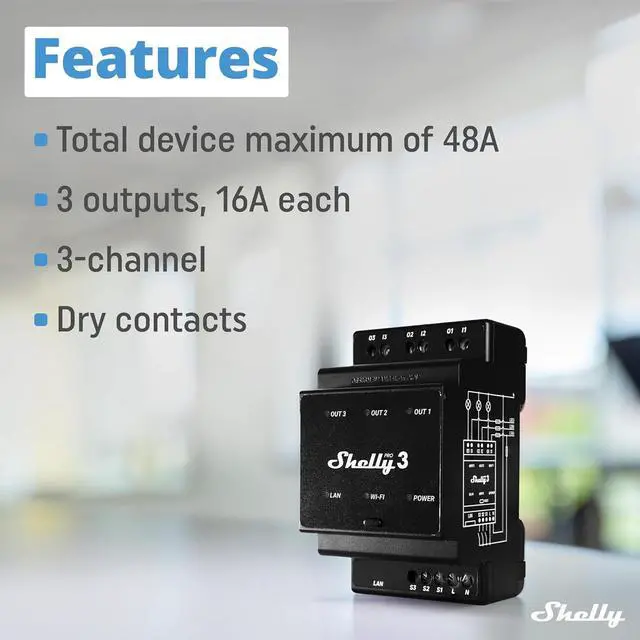 Alt view image 2 of 7 - Shelly Pro 3 | Wi-Fi & LAN, 3-Channel Smart Relay | Home & Facility Automation | Compatible with Alexa & Google Home | iOS Android App | Lights Automation | Controller for Motorized Valve