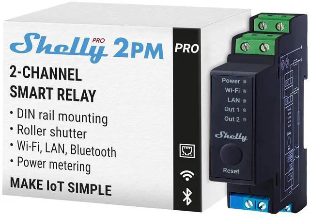 Main image of Shelly Pro 2PM | Wi-Fi & LAN 2-Channel Smart Relay with Power Metering | Home Automation | Compatible with Alexa & Google Home | iOS Android App | Remote Appliances Control & Monitoring