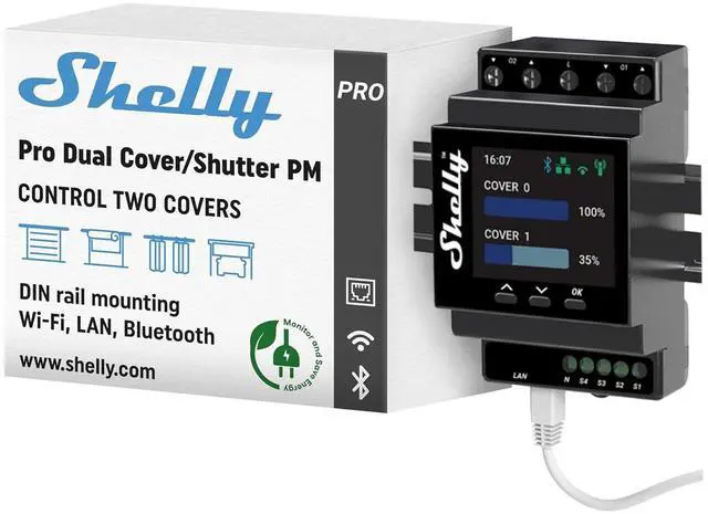 Main image of Shelly Pro Dual Cover/Shutter PM | LAN and Wi-Fi Connection, Professional DIN Rail Smart Dual Cover/Shutter Controller with 2 Covers 16 A Each | Home Automation | Precise Power Metering