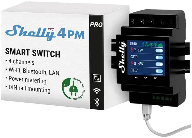 Main image of Shelly Pro 4PM | Wi-Fi & LAN, 4-Channel Smart Relay with Power Metering | Home Automation | Compatible with Alexa & Google Home | iOS Android App| Remote Appliances Control and Monitoring