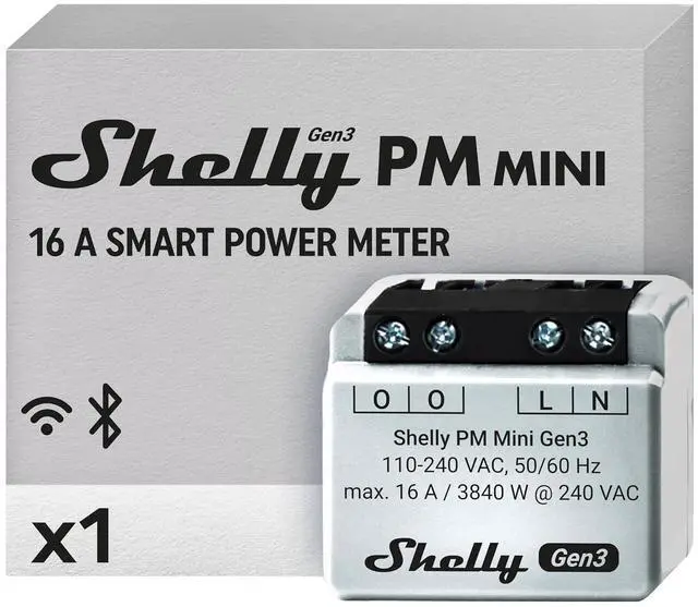 Main image of Shelly PM Mini Gen3 | WiFi Smart Power Meter 1 Channel 16 A | Home Automation | Bluetooth Gateway | Compatible with Alexa & Google Home | iOS Android App | No Hub Required | Smart Schedules