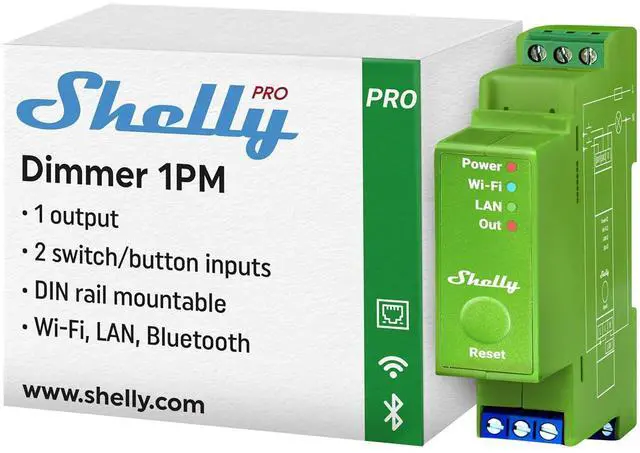 Main image of Shelly Pro Dimmer 1PM | Wi-Fi & LAN 1-Channel Smart Dimmer with Power Metering | Home Automation | Bluetooth Gateway | DIN Rail | Compatible with Alexa & Google Home | Dimmable Lights