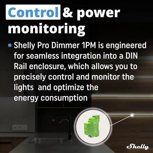 Alt view image 4 of 7 - Shelly Pro Dimmer 1PM | Wi-Fi & LAN 1-Channel Smart Dimmer with Power Metering | Home Automation | Bluetooth Gateway | DIN Rail | Compatible with Alexa & Google Home | Dimmable Lights
