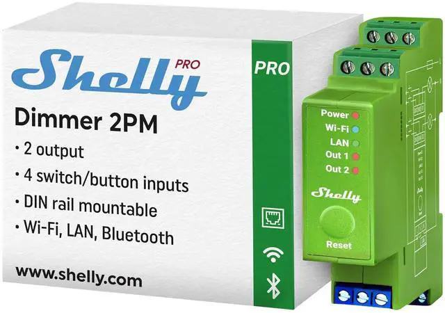 Main image of Shelly Pro Dimmer 2PM | Wi-Fi & LAN 2-Channel Smart Dimmer with Power Metering | Home Automation | Bluetooth Gateway | DIN Rail | Compatible with Alexa & Google Home | Dimmable Lights