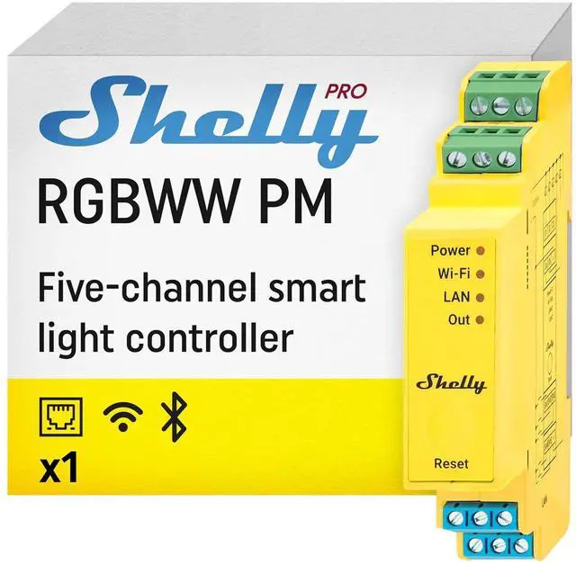 Main image of Shelly Pro RGBWW PM | Wi-Fi & LAN Smart Remote Control for RGBW Led Strips with Power Metering | Home Automation | No Hub | Compatible with Alexa & Google Home | iOS Android App | Dimming Control