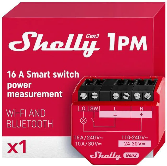 Main image of Shelly 1PM Gen3 WiFi Smart Relay Switch, 1-Channel 16A | Power Metering, Home Automation, Compatible with Alexa & Google Home, iOS Android App, No Hub, Wireless Lighting Control