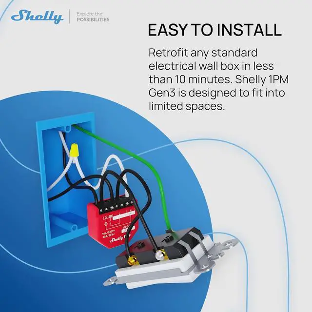 Alt view image 2 of 7 - Shelly 1PM Gen3 WiFi Smart Relay Switch, 1-Channel 16A | Power Metering, Home Automation, Compatible with Alexa & Google Home, iOS Android App, No Hub, Wireless Lighting Control