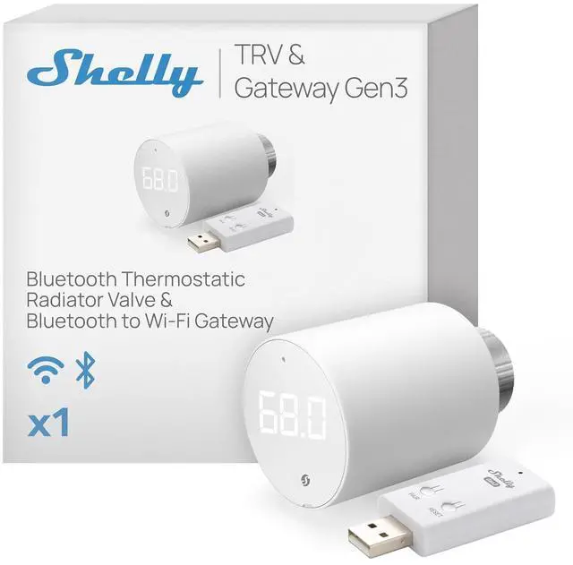 Main image of Shelly Blu TRV & Blu Gateway Gen3, Bluetooth-Operated Smart Thermostatic Valve, Smart Thermostatic Radiator Valve, Temperature Control, Home Automation, Compatible with Alexa, Google, Home Assistant