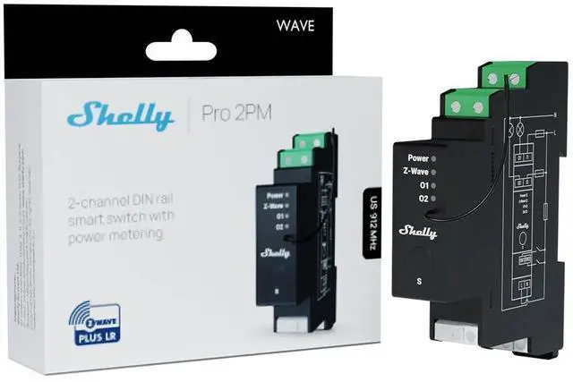 Main image of Shelly Wave Pro 2PM US LR | Z-Wave Long Range 2-Channel Smart Relay Switch with Power Metering | DIN-Rail | Home Automation | High Compatibility | Easy Installation | iOS Android App