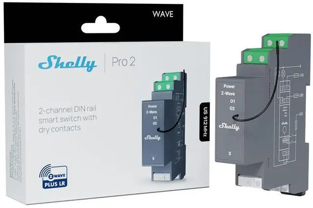 Main image of Shelly Wave Pro 2 US LR | Z-Wave Long Range 2-Channel Smart Relay Switch with Dry Contacts | DIN-Rail | Home Automation | High Compatibility | Easy Installation | iOS Android App
