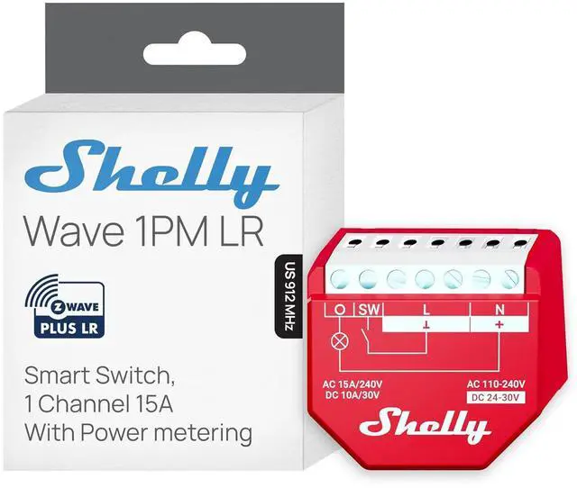 Main image of Shelly Wave 1PM US LR UL | Z-Wave Long Range Smart Switch Relay, 1-Channel 15 A with Power Metering | Home Automation | High Compatibility | Easy Installation | iOS Android App