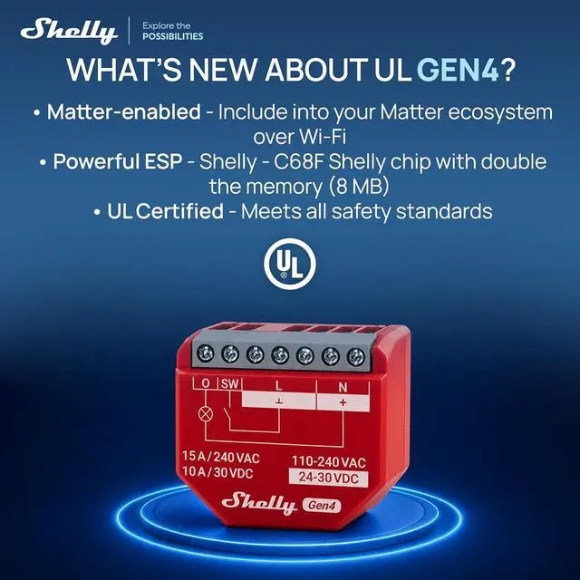 Alt view image 5 of 7 - Shelly 1PM Gen4 UL Smart Relay Switch, Power Metering, Wi-Fi, Matter 4-Pack