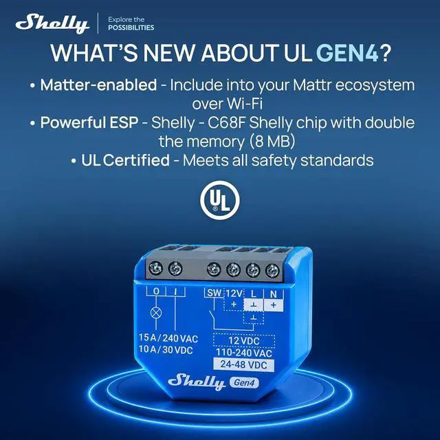 Alt view image 5 of 7 - Shelly 1 Gen4 UL, Smart Relay Switch, Wi-Fi, Zigbee, Matter, 15A, (2 Pack)