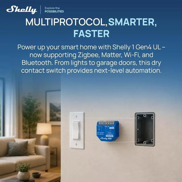 Alt view image 6 of 7 - Shelly 1 Gen4 UL, Smart Relay Switch, Wi-Fi, Zigbee, Matter, 15A, (2 Pack)