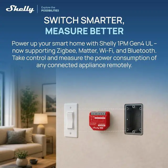 Alt view image 6 of 7 - Shelly 1PM Gen4 UL, Smart Relay Switch with Power Metering, Wi-Fi, Matter