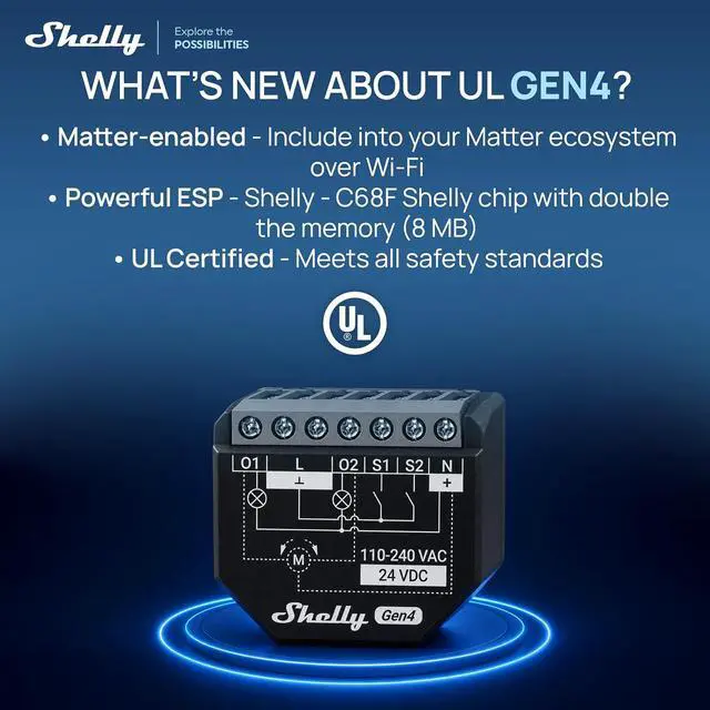 Alt view image 4 of 7 - Shelly 2PM Gen4 UL Smart Relay, Power Metering, Wi-Fi, Matter, 2-Channel