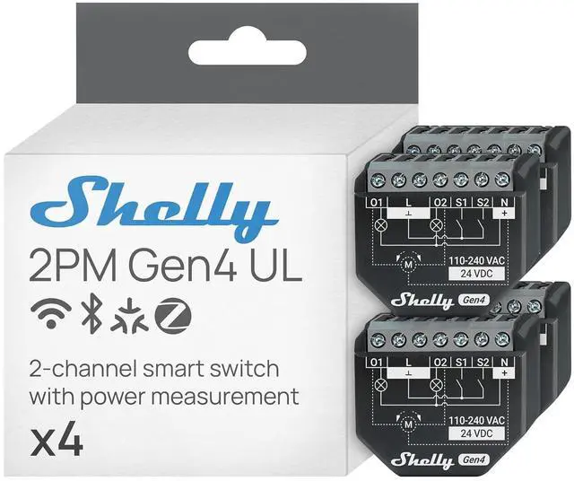 Main image of Shelly 2PM Gen4 UL Smart Relay Switch, Power Metering, Wi-Fi, Matter 4-Pack
