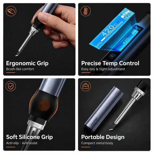 Alt view image 7 of 7 - FNIRSI HS01 Soldering Iron Kit DC/PD(96W/65W) 6S Fast Heating | 180-7806 Soldering Tips, Auto Sleep, Digital OLED Screen Display, Micro Soldering Pen Tool for Electronics Repair