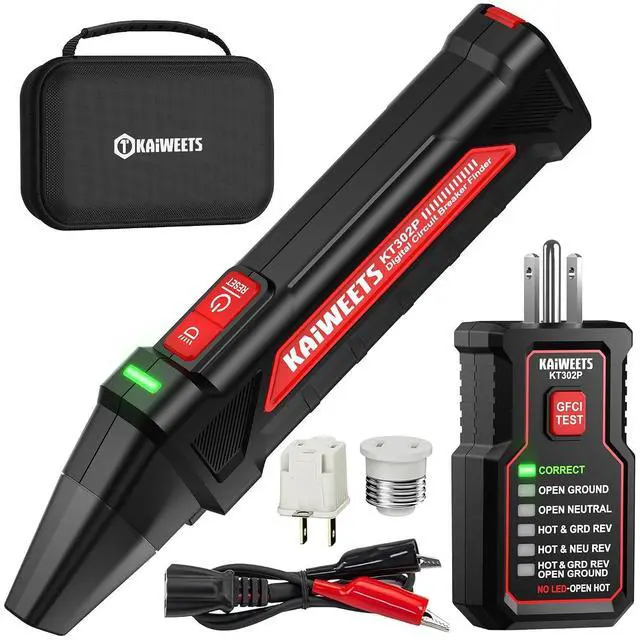 Main image of Circuit Breaker Finder Tool Kit, GFCI Outlet Tester with Dual-Sided LED Indicators, Electrical Circuit Tracer Tool with Flashlight, Includes Carrying Case and Adapters- KT302P