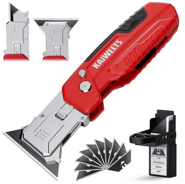 Main image of Utility Knife Scraper, 2-in-1 Folding Box Cutter with Blade Storage, Heavy Duty Zinc Alloy Body, Retractable Design, 12pcs SK2 Black Blades replacement, EDC Tool for Home, Office, DIY Red
