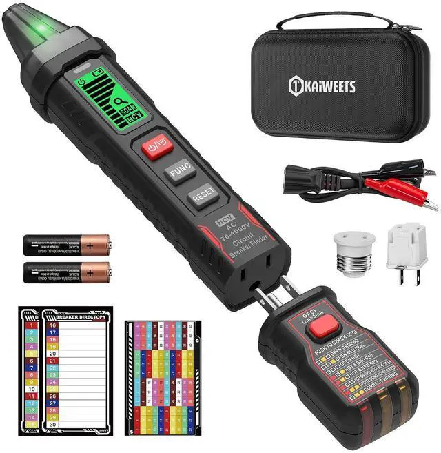 Main image of Circuit Breaker Finder with LCD Display, GFCI Outlet Tester, AC 90-130V Electrical Circuit Tracer Tool with NCV Tset & Flashlight, Includes Carrying Case with Adapter, Alligator Clips -KT303P
