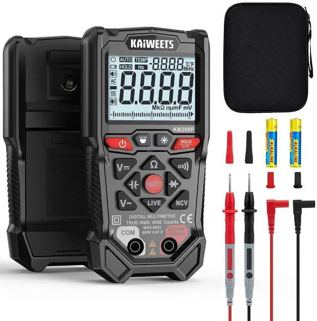 Main image of KM200P Digital Multimeter, All Button Operation, TRMS Auto Ranging, 4000 Counts, NCV, Voltmeter Ohmmeter, Fast & Accurate Measure AC/DC Voltage, Resistance, Continuity, Capacitance