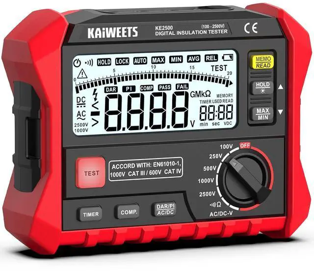 Main image of Megohmmeter Insulation Tester 0.1M-200G 2500V DAR/PI Ohm Meter | 5 Range AC/DC Volt Test, with Case, Pass/Fall, Threshold Comparison, Large Backlit LCD, Data Hold, for Motor Solar HVAC