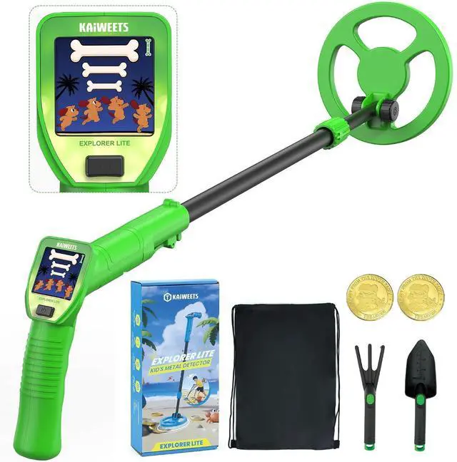 Main image of Kids Metal Detector, 2026 New Animated Color Screen, Adjustable Stem, Lightweight, Treasure Hunt Gift, Complete Starter Kit with Backpack, Bonus Coins, Shovel, Rake (Explorer LITE)